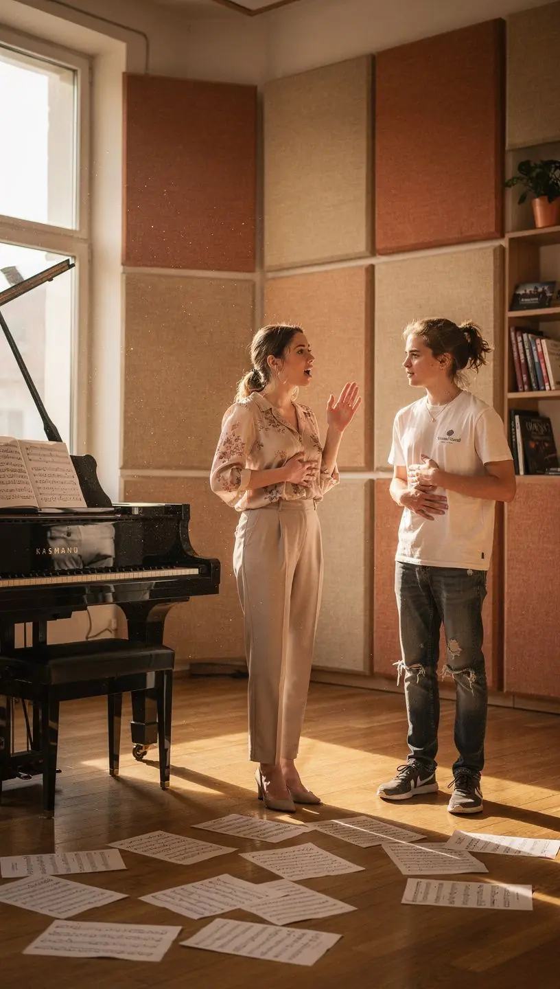 Eine Lehrerin, die einem Schüler beim Singen Feedback gibt.