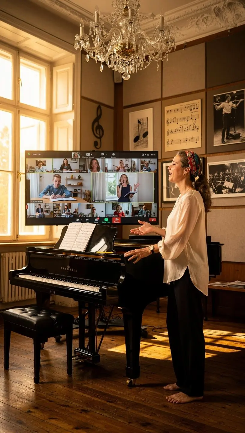 Ein Online-Kurs, der auf einem Laptop gezeigt wird, während jemand singt und Notizen macht.