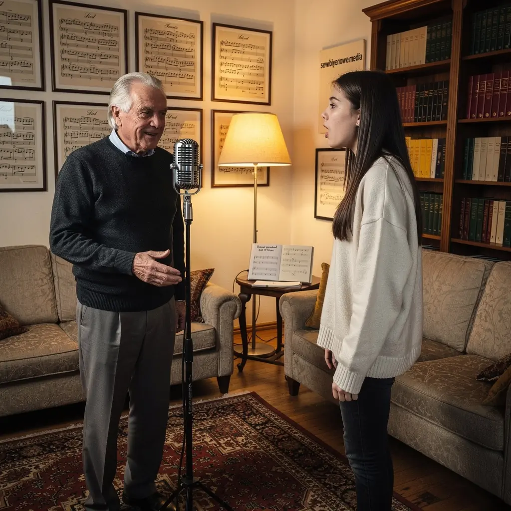 Eine Person, die auf einer Bühne steht und mit Begeisterung vor Publikum singt.