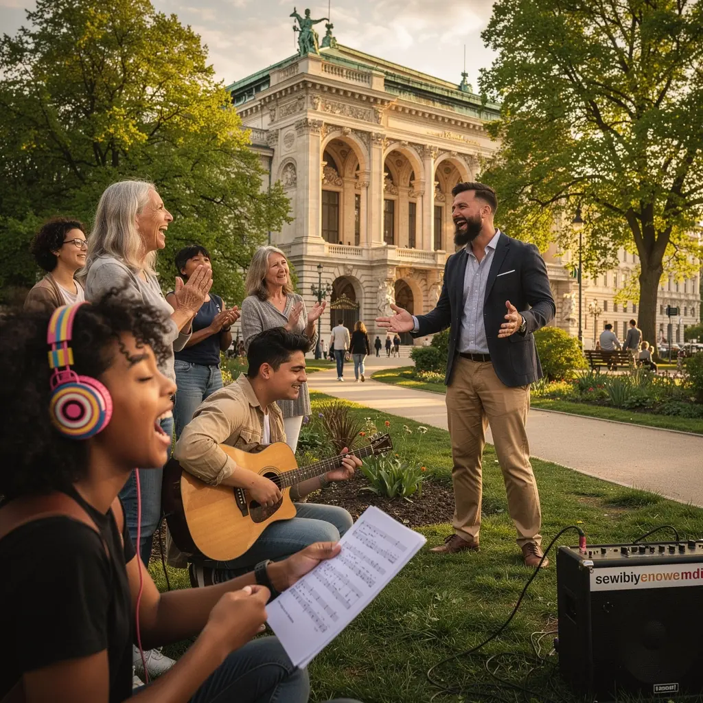 Eine Gruppe von Schülern, die in einem modernen Klassenzimmer Gesangsübungen durchführen.