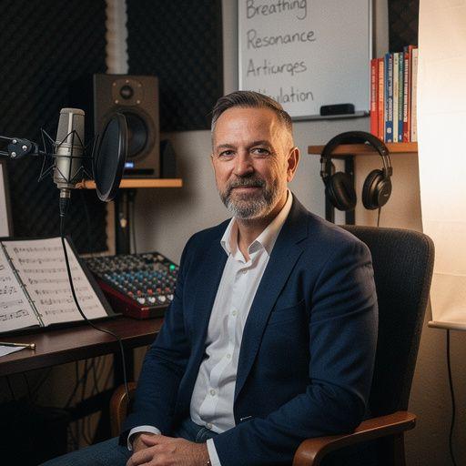 Ein Mikrophon und Kopfhörer, die für Online-Gesangsstunden verwendet werden.